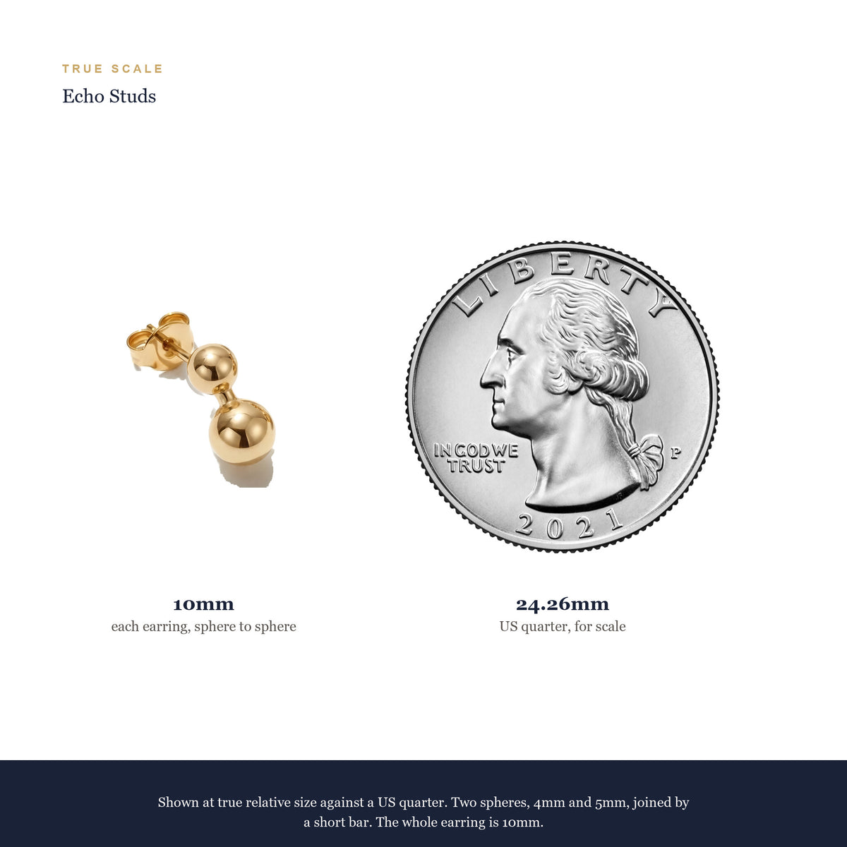 True scale: an Echo Studs earring is 10mm from sphere to sphere, shown beside a real US quarter at 24.26mm