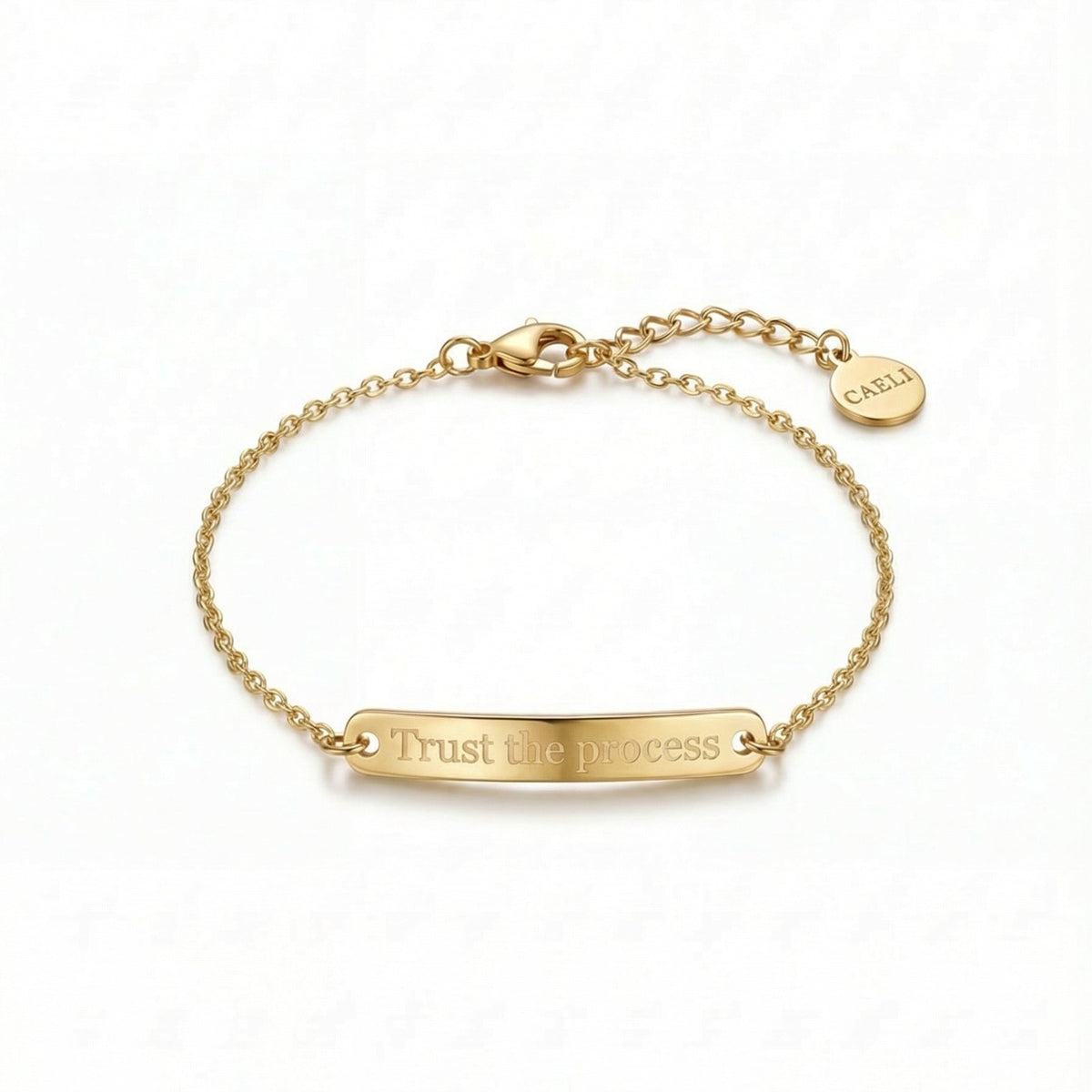 Gold bar bracelet Trust the process engraved, 14K gold plated 316L surgical steel hypoallergenic Caeli Jewelry