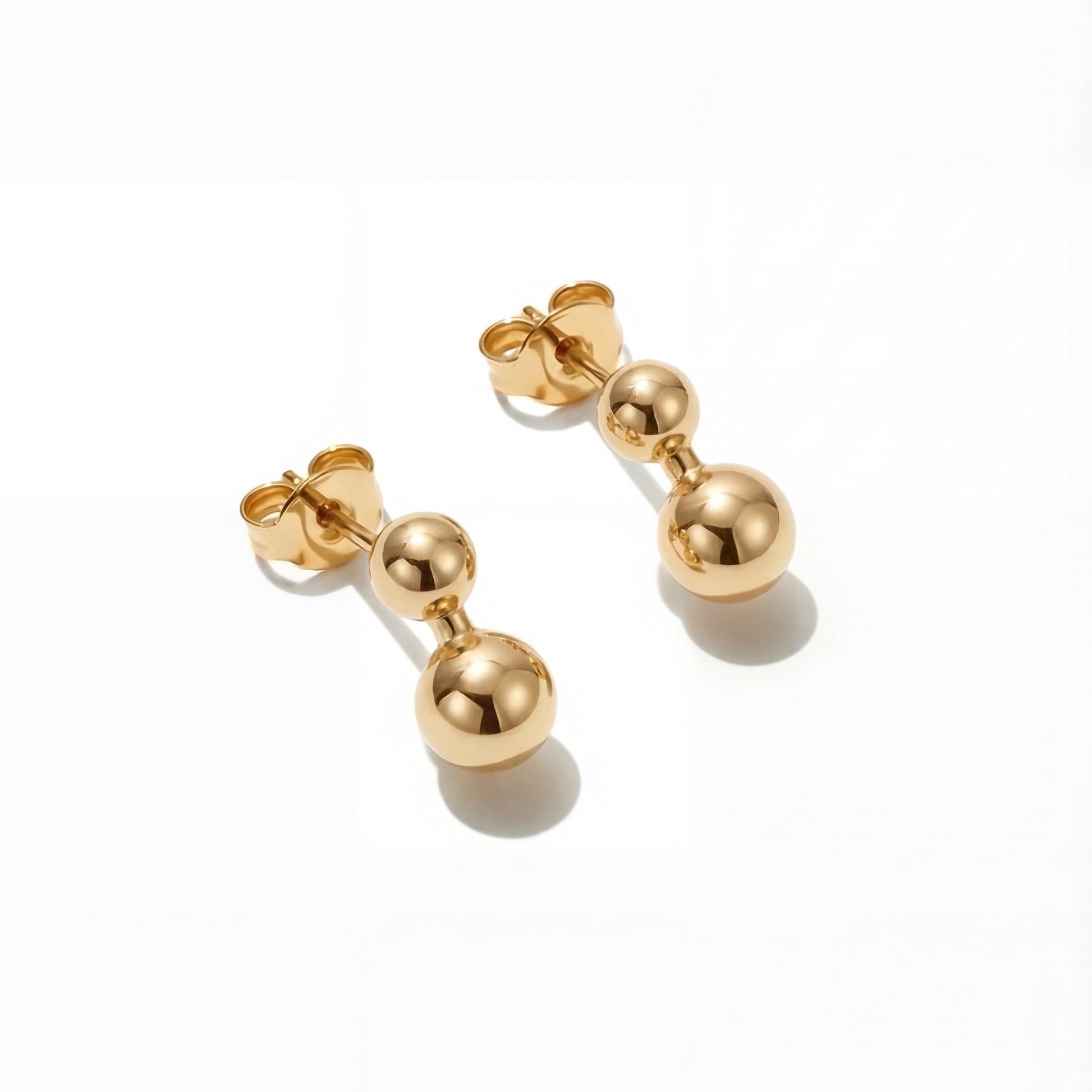 Double ball drop earrings 14K gold plated 316L surgical steel hypoallergenic Caeli Jewelry limited edition