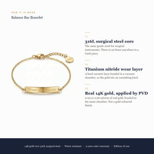 How a Caeli piece is made: 316L surgical steel core, titanium nitride wear layer, real 14K gold applied by PVD