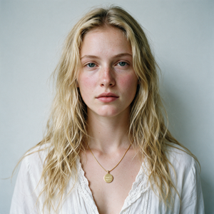 Woman in a white lace blouse wearing the Origin Disc necklace, a fine gold chain with a small round pendant