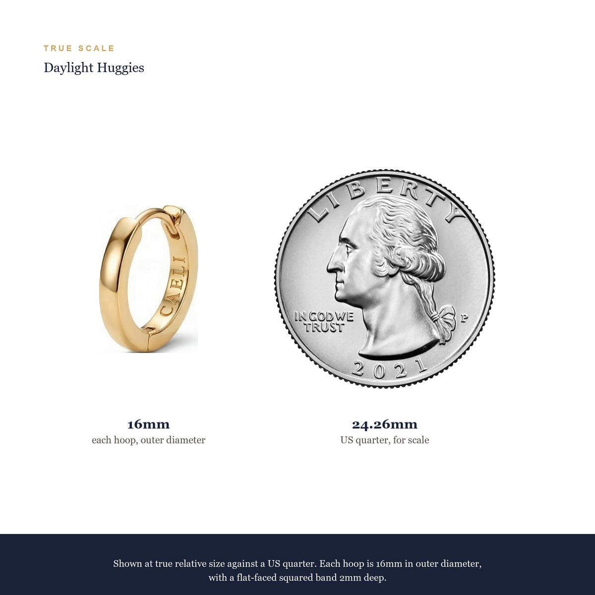 True scale: a Daylight Huggies hoop is 16mm in outer diameter, shown beside a real US quarter at 24.26mm