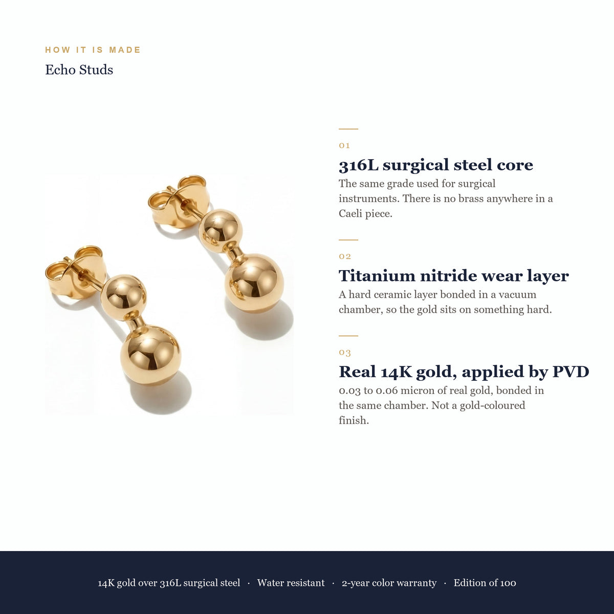 How a Caeli piece is made: 316L surgical steel core, titanium nitride wear layer, real 14K gold applied by PVD