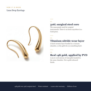 How a Caeli piece is made: 316L surgical steel core, titanium nitride wear layer, real 14K gold applied by PVD