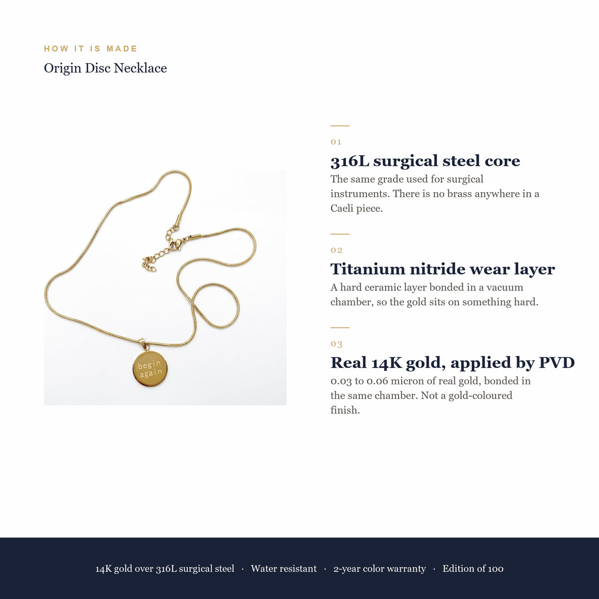 How a Caeli piece is made: 316L surgical steel core, titanium nitride wear layer, real 14K gold applied by PVD