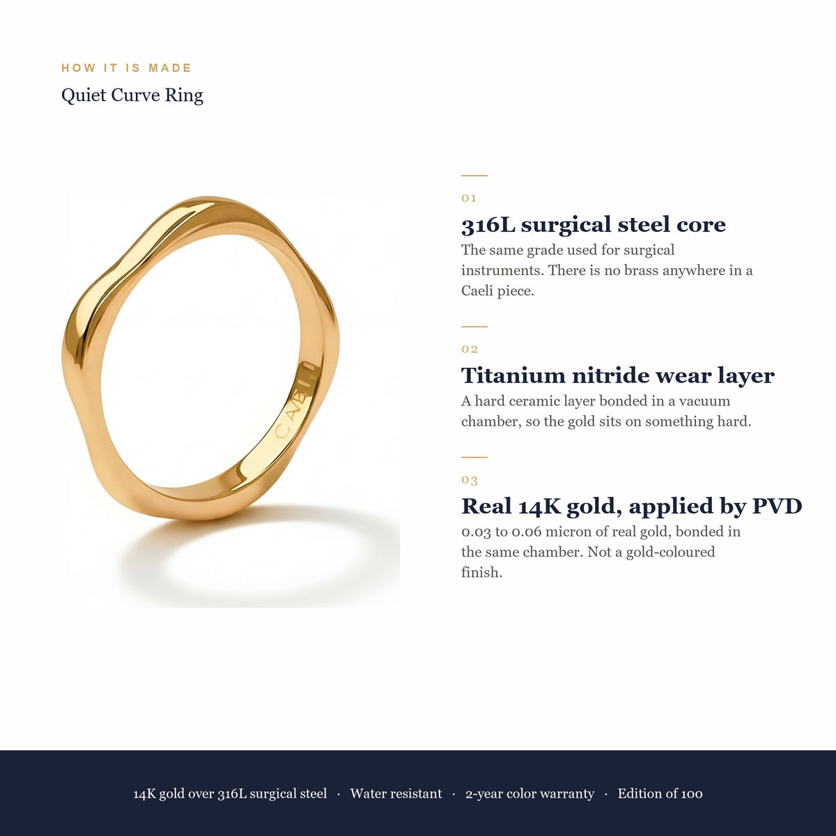 How a Caeli piece is made: 316L surgical steel core, titanium nitride wear layer, real 14K gold applied by PVD