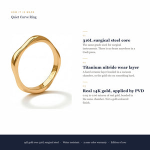 How a Caeli piece is made: 316L surgical steel core, titanium nitride wear layer, real 14K gold applied by PVD