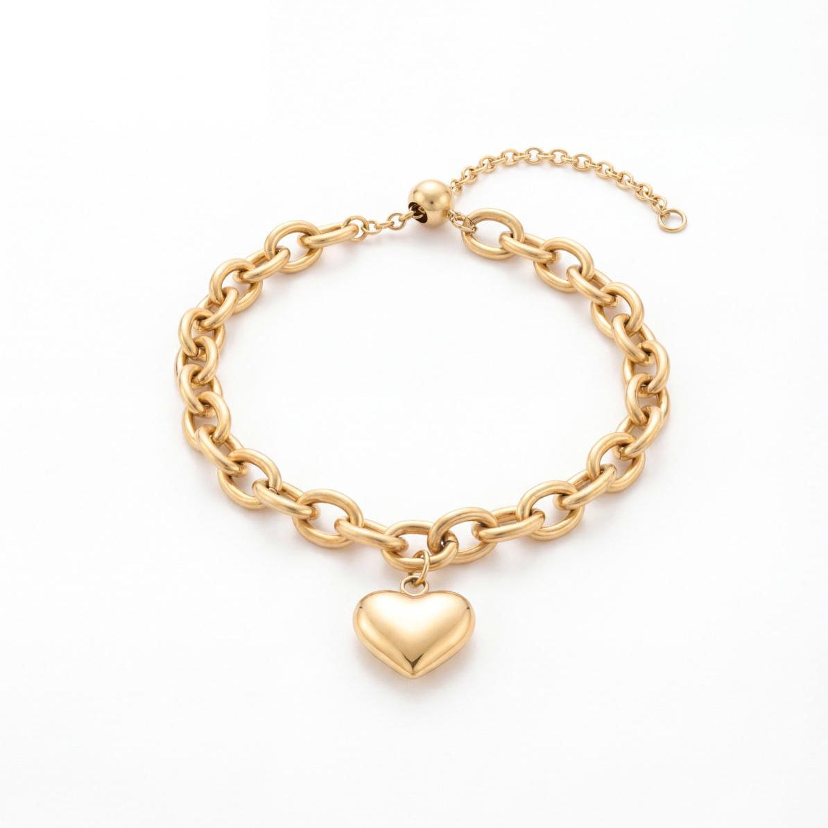 Still Chain Bracelet chunky chain puffy heart charm 14K gold plated 316L surgical steel hypoallergenic Caeli Jewelry limited edition