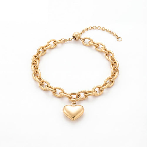 Still Chain Bracelet chunky chain puffy heart charm 14K gold vermeil surgical steel hypoallergenic — Caeli Jewelry limited edition