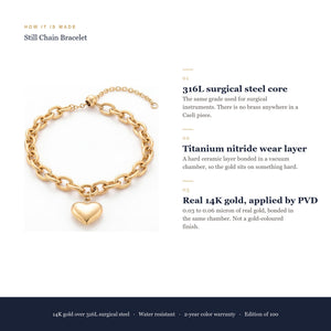 How a Caeli piece is made: 316L surgical steel core, titanium nitride wear layer, real 14K gold applied by PVD