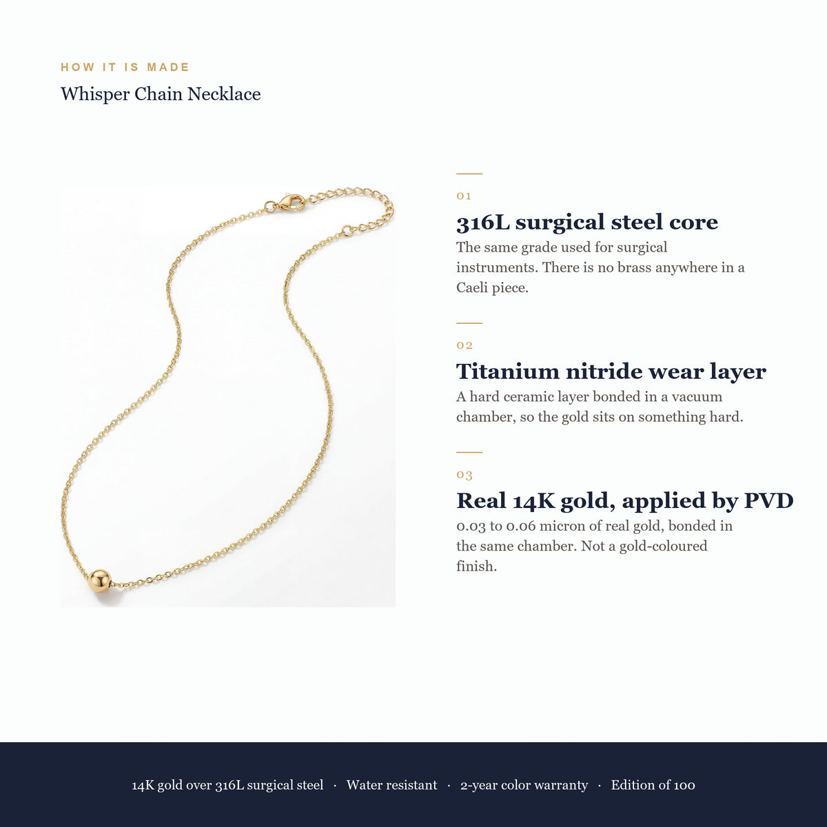 How a Caeli piece is made: 316L surgical steel core, titanium nitride wear layer, real 14K gold applied by PVD